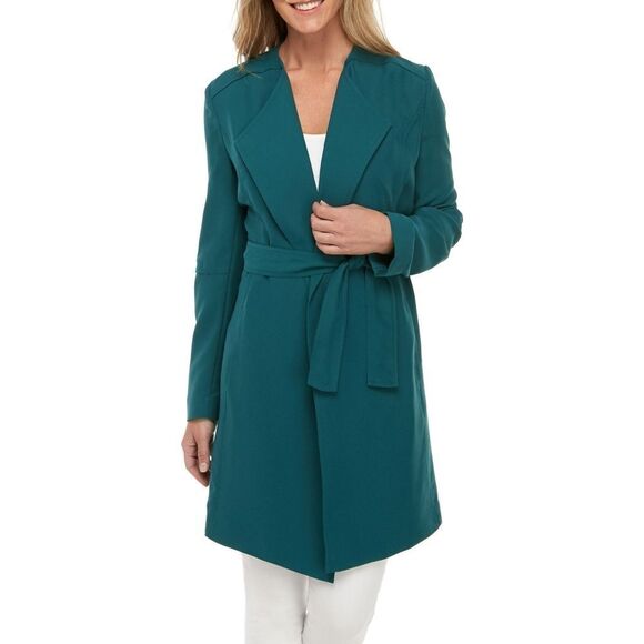 New! JOAN VASS Women's Crepe Belted Topper Trench Jacket Color Teal Size Small - Picture 1 of 3